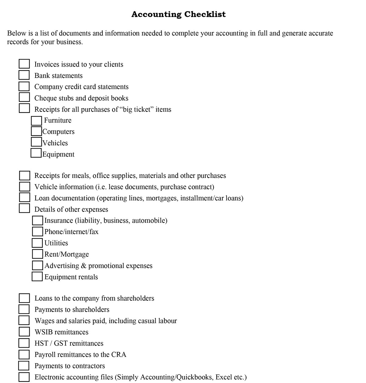 Bookkeeping Checklist