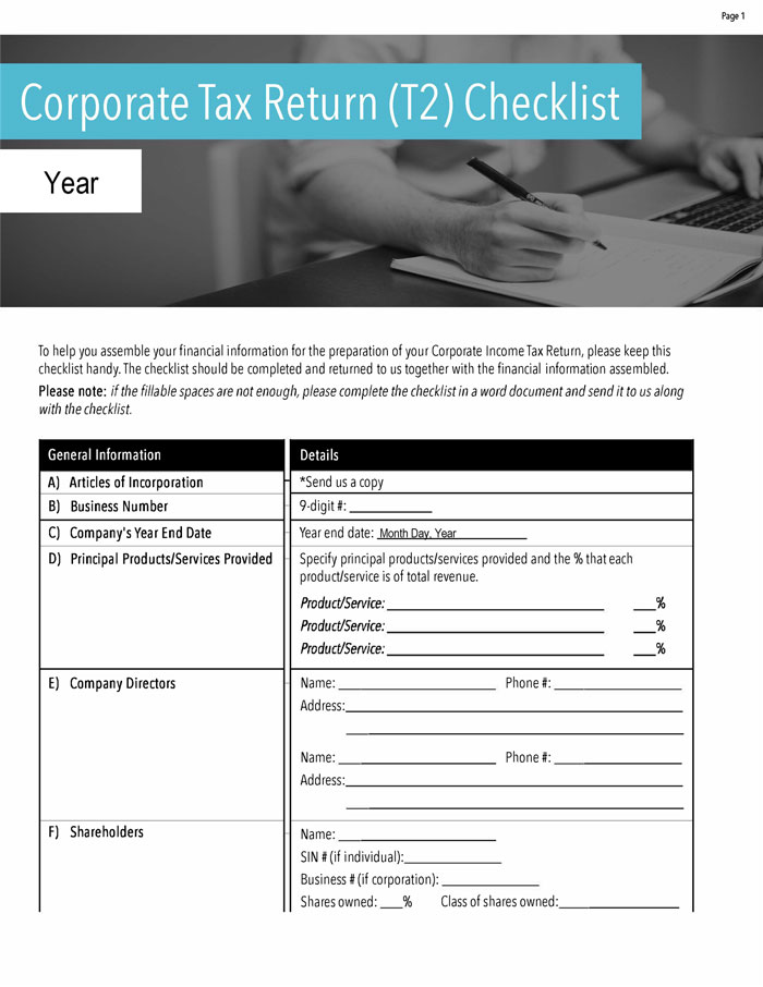 Corporate Tax Return [T2] Checklist